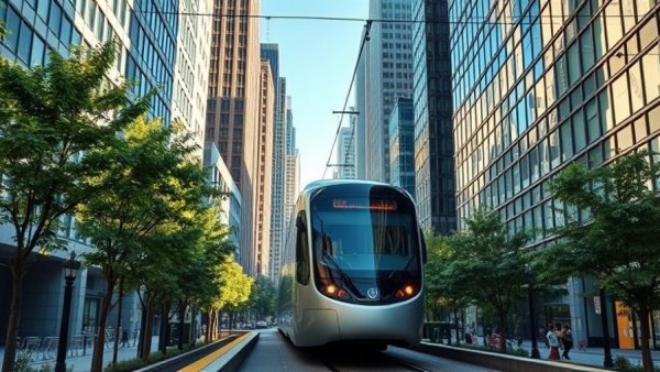 Austin transportation light rail project with train and skyscrapers.