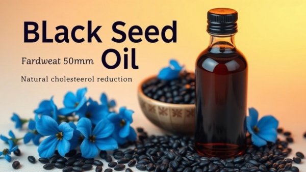 Black seed oil as natural cholesterol reducer, colorful product image.