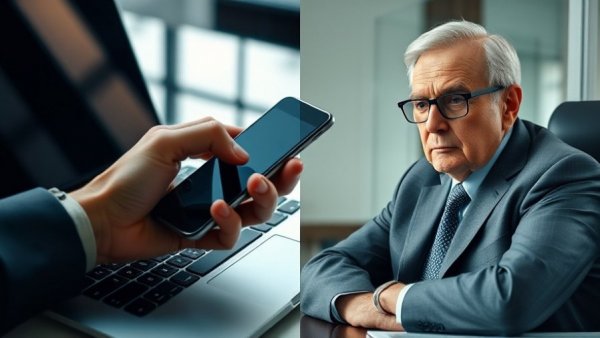 Healthcare transparency investigation scene with laptop and older man.