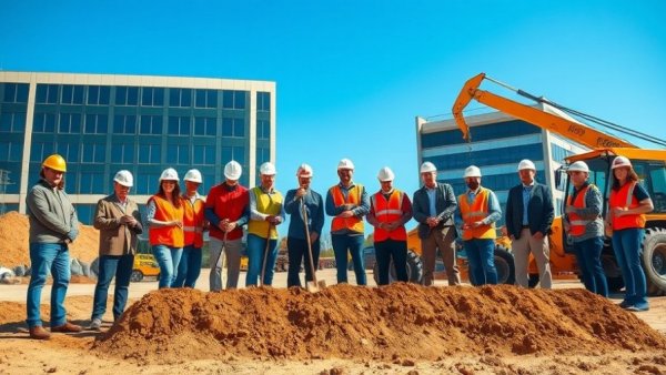 Groundbreaking ceremony at rehab hospital in Denton with people and machinery.