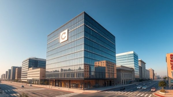 Modern Dallas commercial real estate building with glass facade on sunny day.