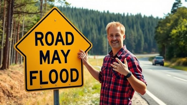 Man discussing Texas flood funding near warning sign