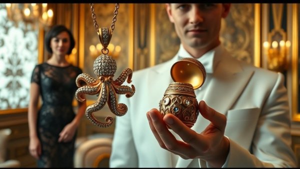 Elegant Fabergé pendant and cinematic heist scene, jewel theft theme.