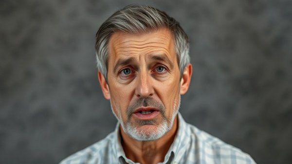 Concerned man discussing health diet in studio, focused lighting.