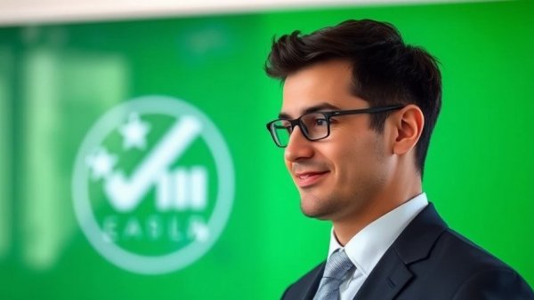 Business professional in suit with green logo background.