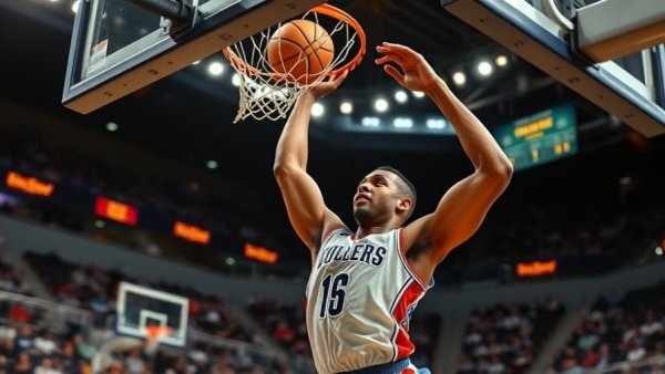 NBA top play with dynamic slam dunk in a vivid basketball arena.