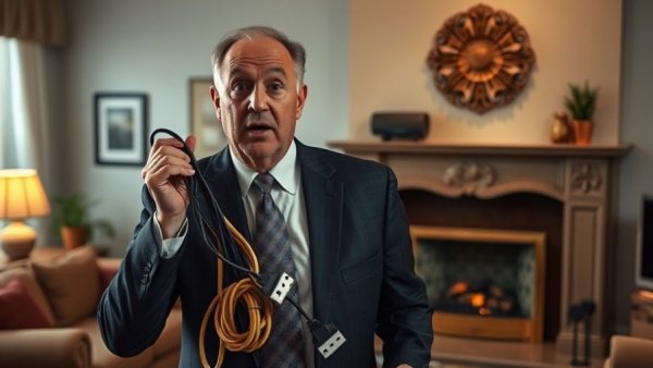 Man holding cords near holiday decorations; potential indoor holiday injuries.