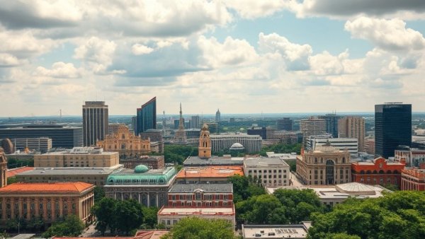 San Antonio cityscape with diverse architecture and cloudy sky.