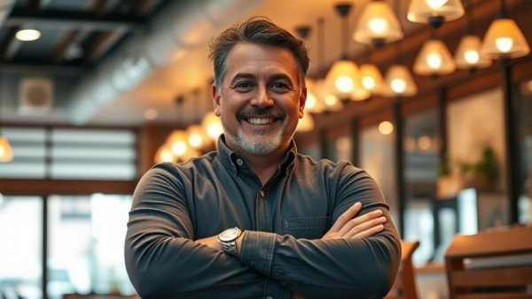Houston business news: confident man smiling in a restaurant.