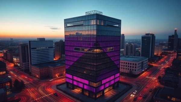 Crown Castle building glowing at night, purple lights, fiber segment.