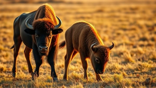 Bison grazing peacefully in sunlit Cooke County field.