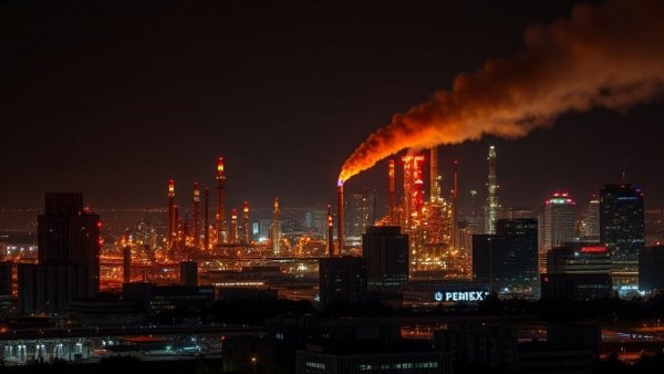 Pemex Deer Park refinery flaring bright against city skyline at night.