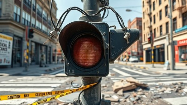 Malfunctioning traffic signals in Houston with debris.