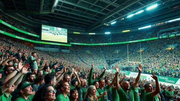 Excited crowd at sports stadium showing teamwork in sports.