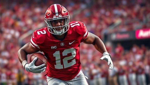 Alabama Crimson Tide player running with ball, showcasing CFP chances.