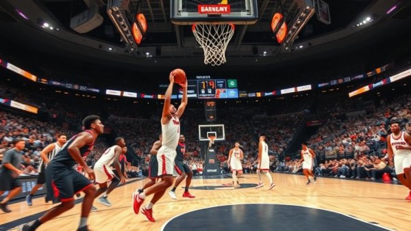 Big 12 Men's Basketball Tournament action shot with players mid-game and scoreboard.
