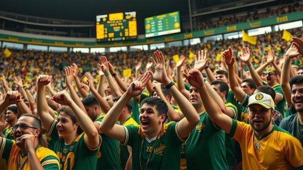 Cheering crowd at Oregon game, wearing bright colors, energetic atmosphere.