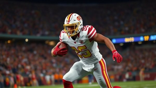 Alabama player breaking a tackle, energetic football action scene.