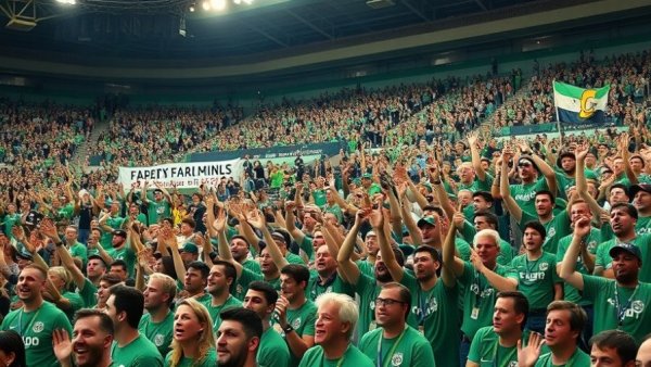 Vibrant sports crowd cheering enthusiastically in a stadium.