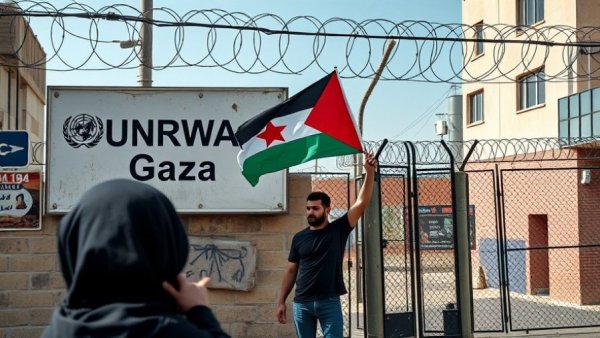 UNRWA HQ GAZA protest scene with flag and barbed wire.