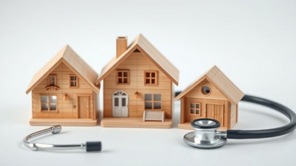 Symbolic miniature houses with stethoscope for hospital at home waivers.