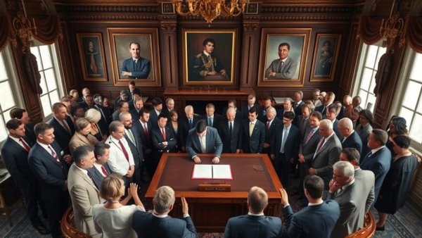 Federal officials discussing federal vehicle policy in formal office setting.