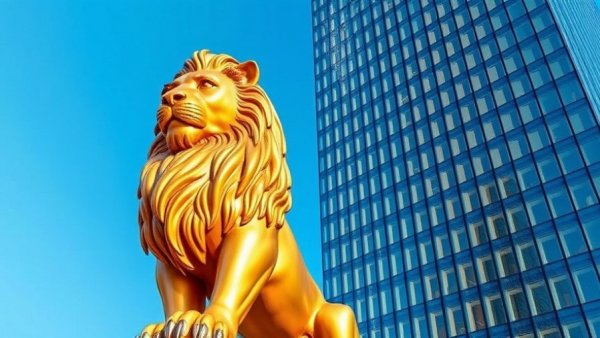 Golden lion statue near glass building symbolizes strength and resilience.