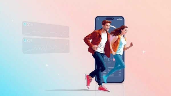 Illustration of walking to work benefits with digital health aspect.