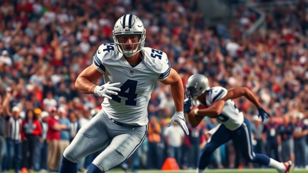 Dynamic action shot of Cowboys player evading defender, stadium packed.