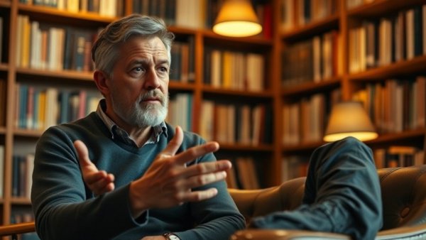 Middle-aged man in a library discussing healthy aging nutrition.