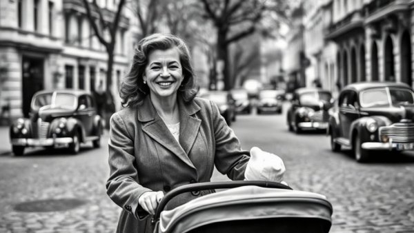 Vintage scene of woman with baby in pram on cobblestone street
