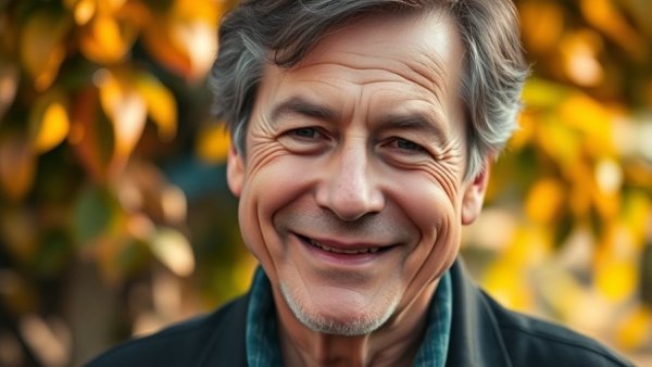 Middle-aged man outdoors smiling gently, warm ambient lighting.