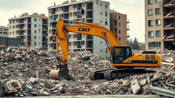 Excavator clearing debris in urban destruction site - Thai hostage remains returned.