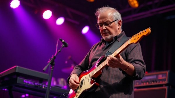 Older man playing guitar on stage with colorful lights.