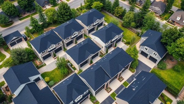 Aerial view of San Antonio luxury garage condos with black roofs.