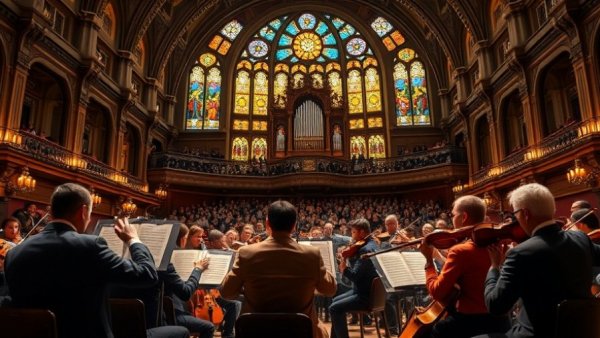 San Antonio Philharmonic symphony concert in grand hall with vibrant lighting.
