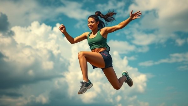 Energetic woman performing jumping exercises for longevity under a cloudy sky.