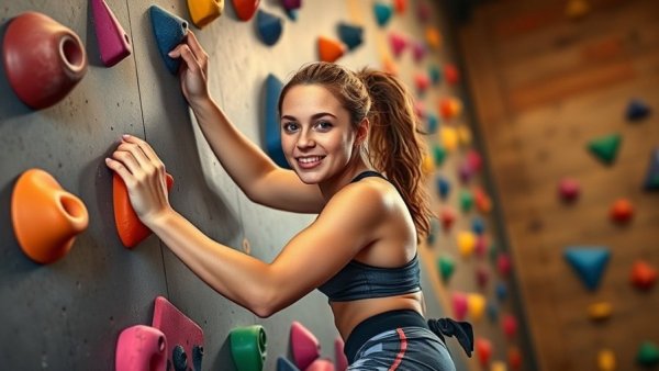 Young woman climbing in indoor gym, vibrant atmosphere.