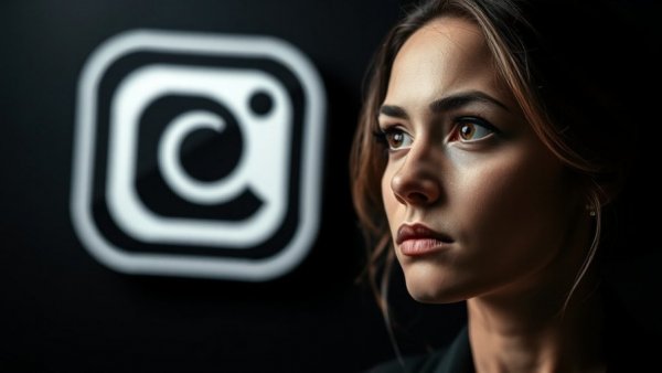 Liability for illegal activities on social media concept with a thoughtful woman beside a bold logo.