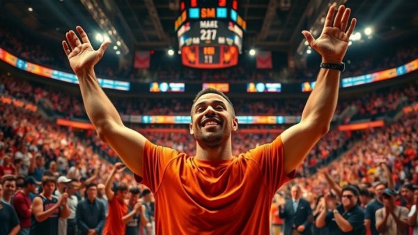 Exciting dunk contest celebration with crowd in arena.