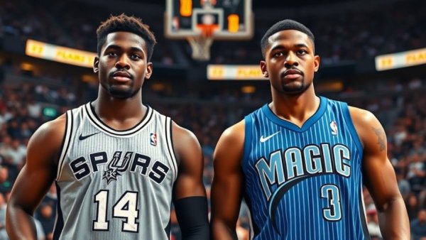 Spurs win highlight with players and logos, vibrant arena backdrop.