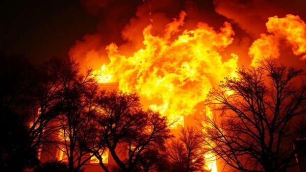 Houston apartment fire blazing at night with bright flames.