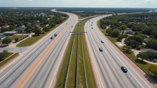 Aerial view of I-10 freeway changes in Houston surrounded by greenery.