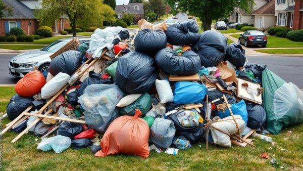 Heavy trash cleanup in Houston with large debris pile on residential lawn.