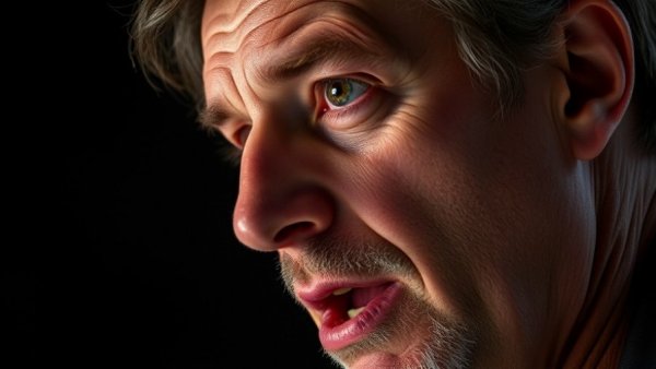 Focused middle-aged man speaking passionately against a dark background.