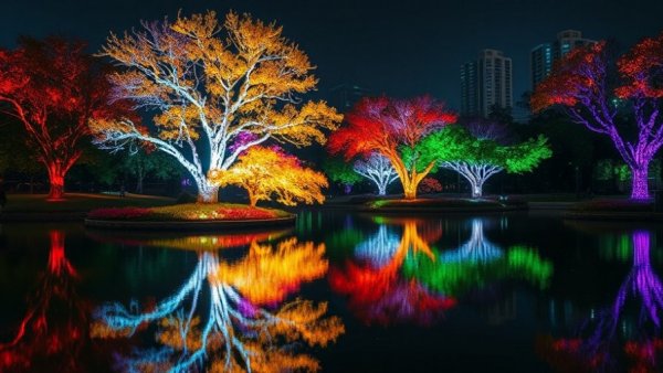Vibrant illuminated trees reflecting in a lake during a Dallas event.