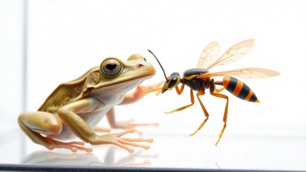 Frog capturing hornet in clear enclosure, showcasing venom resistance.