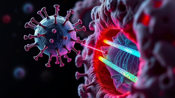 Flu virus interacting with human cell under a microscope, showcasing viral entry mechanism, vibrant and detailed.