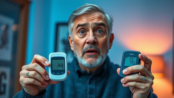 Blood sugar mistakes concept with surprised man and glucose meters.