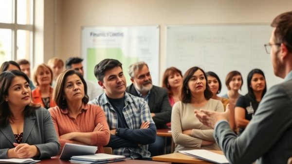 Adults attending a Dallas financial literacy class in a modern classroom.